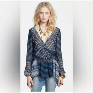 Free People Into The Mystic Navy and Blue Patterned Blouse